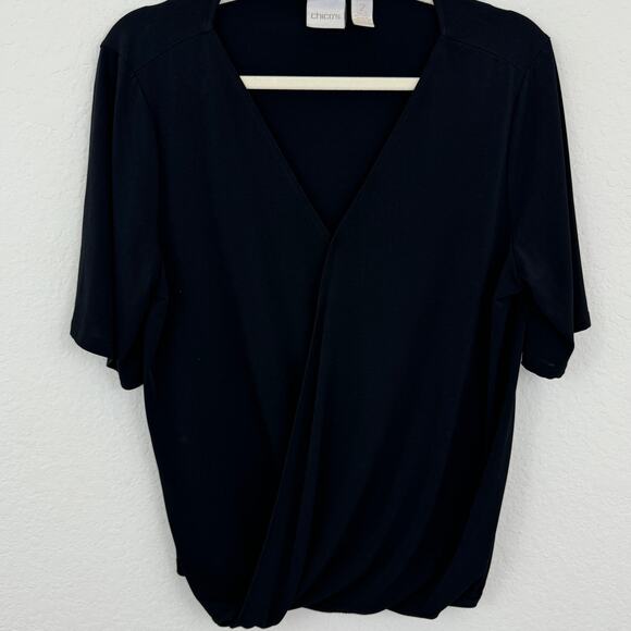 Chico's Womens Blouse Top Size L Wrap Style V Neck Short Neutral Black - Picture 1 of 7